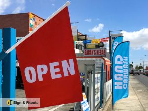 Flag sign, open flag sign, wall flag sign