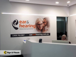 Reception sign, wall graphics, office signage